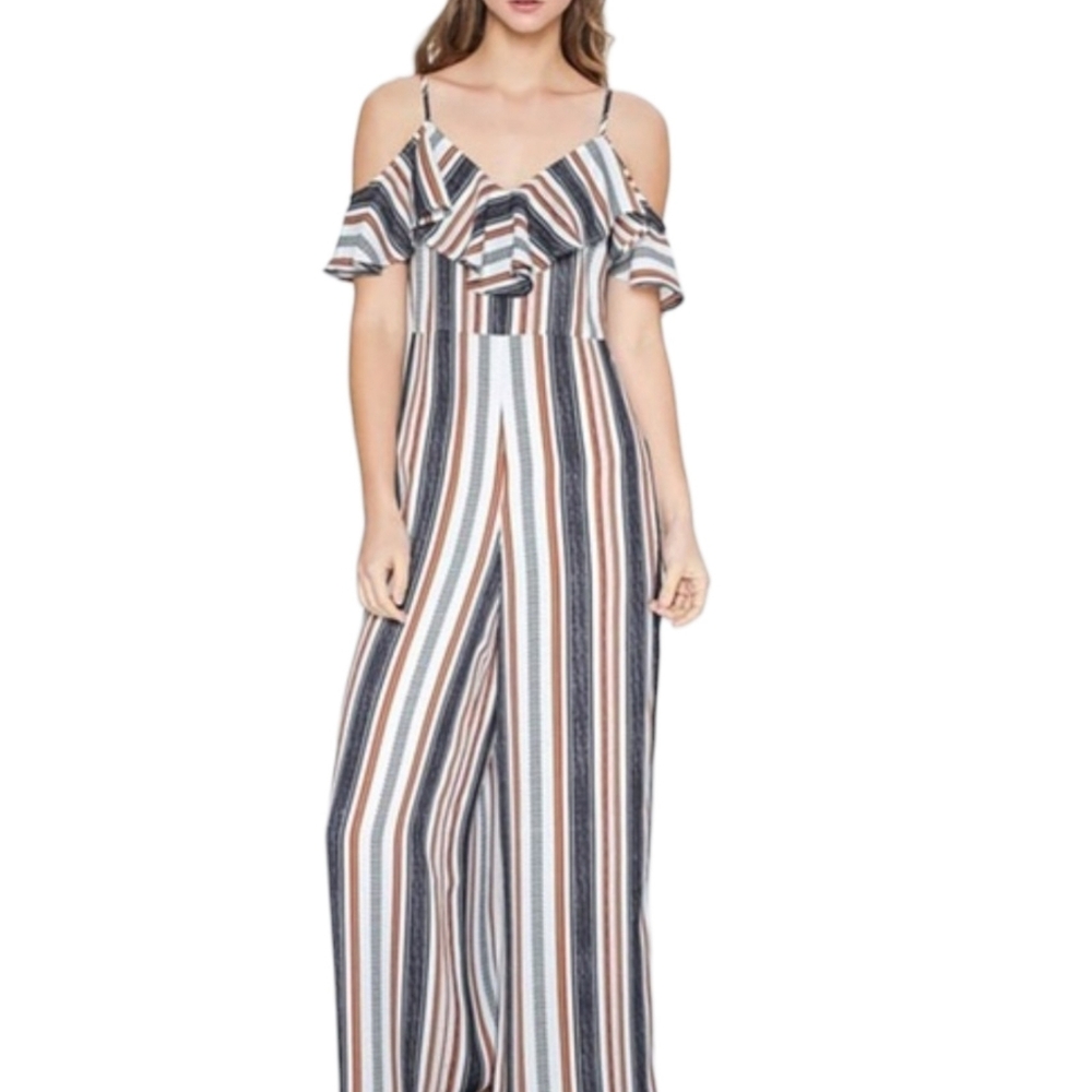 NEW Flying Tomato Striped Wide Leg Off-Shoulder Ruffles Jumpsuit S